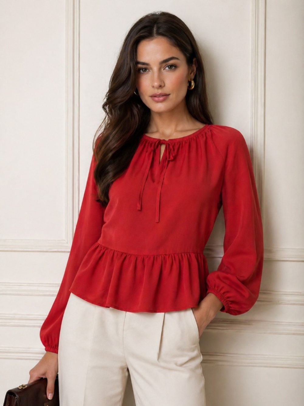 Loft blouse size L balloon sleeves front tie tiered hem red corporate girlie